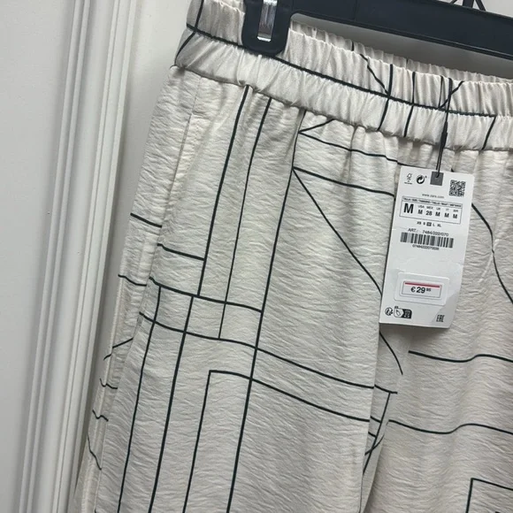 Zara cream off white wide leg geometric print pattern high rise pants trousers - Picture 5 of 7